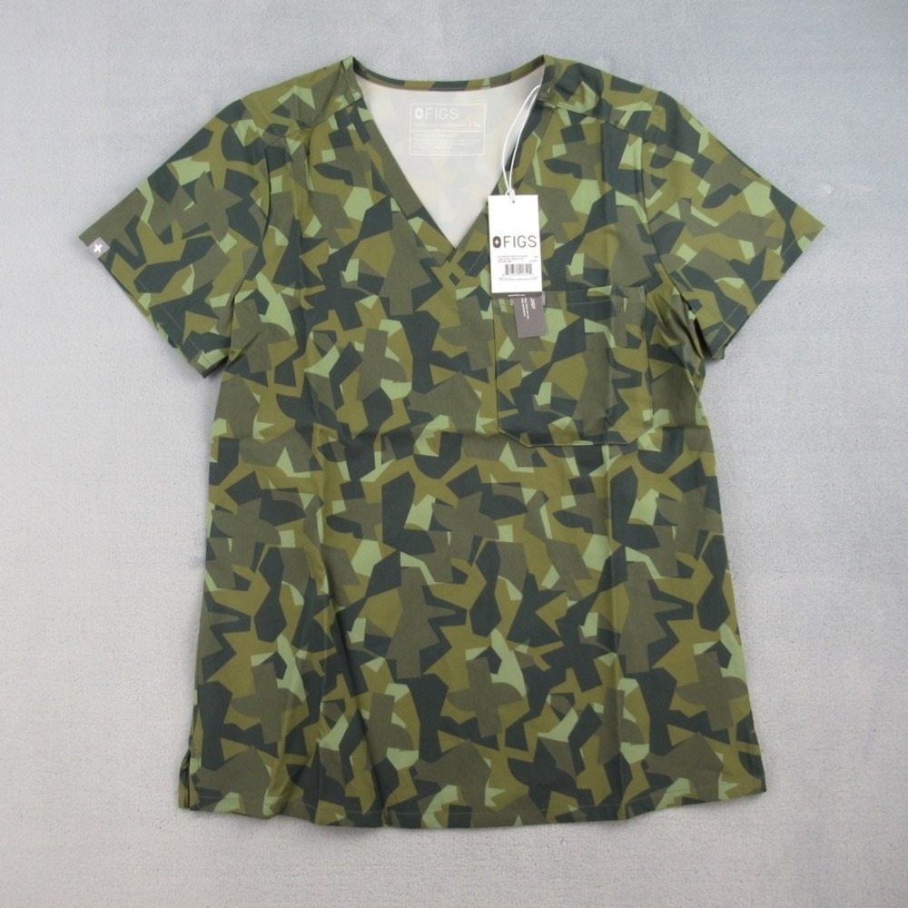FIGS‎ Catarina One Pocket Scrub Top XS Green Geometric Camo Print W23SW1066 NEW